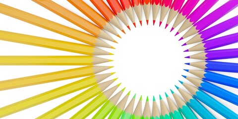 Obraz premium Large circle of rainbow or spectrum palette colored pencils on white background with copy space flat lay, back to school, idea or creativity concept background