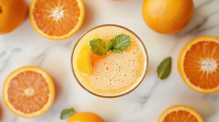 Top view of a glass of orange juice with a mint leaf garnish, surrounded by whole and sliced oranges on a light marble surface.