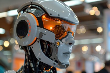 Fototapeta premium Futuristic Robot with Orange Visor and Advanced Technology