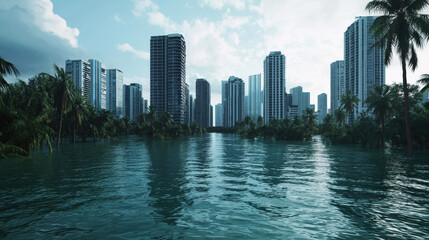 Fototapeta premium serene view of coastal city skyline surrounded by water, showcasing modern skyscrapers and lush palm trees reflecting in calm water. atmosphere evokes sense of tranquility amidst urban life