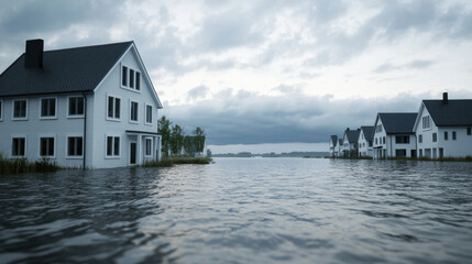 Flooded houses surrounded by water create somber scene, highlighting impact of rising water levels. cloudy sky adds to dramatic atmosphere of this natural disaster