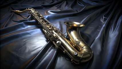 Obraz premium Saxofone deitado ordenadamente sobre veludo preto.