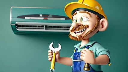 Animated repairman with a wrench and a screwdriver, isolated on a green screen background, preparing to repair an air conditioner.