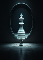 White pawn standing looking in mirror seeing king reflection
