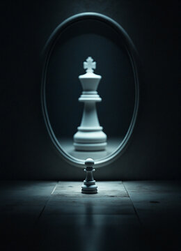 White pawn standing looking in mirror seeing king reflection