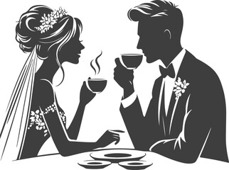 Wedding husband and wife are sitting at the table and drinking coffee silhouette vector design