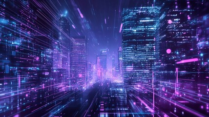 Creative glowing purple night city wallpaper with digital data lines all over. Smart city, VR, AI and innovation concept. generative ai