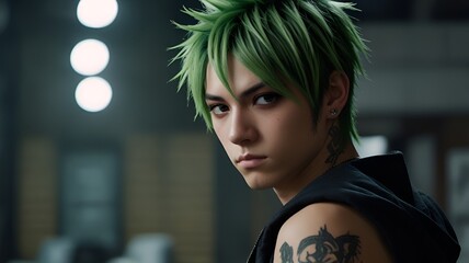 Naklejka premium A brilliant hacker with short spiky green hair and tattoos. He has a rebellious attitude and often challenges authority, but he's fiercely loyal to his friends GENERAVTIE AI 