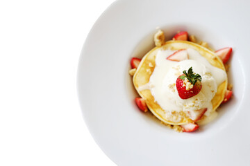Homemade strawberry pancake with vanilla ice cream on white plate clip art and element