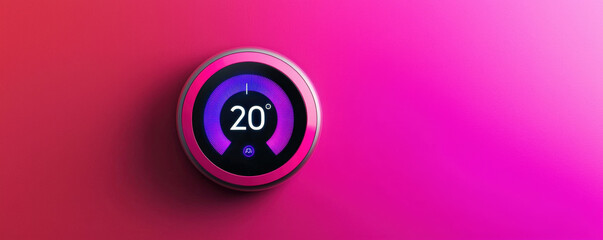Smart home thermostat displaying temperature of 20 degrees Celsius against vibrant pink background, showcasing modern technology and design