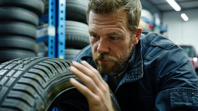 A tire changer inspecting a new tire's rubber quality in a service center to get it ready for the strict standards of the automotive industry.