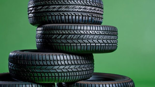 A stack of new tires neatly arranged in a pyramid, isolated on a green screen background, ready to be featured for an auto repair shop.