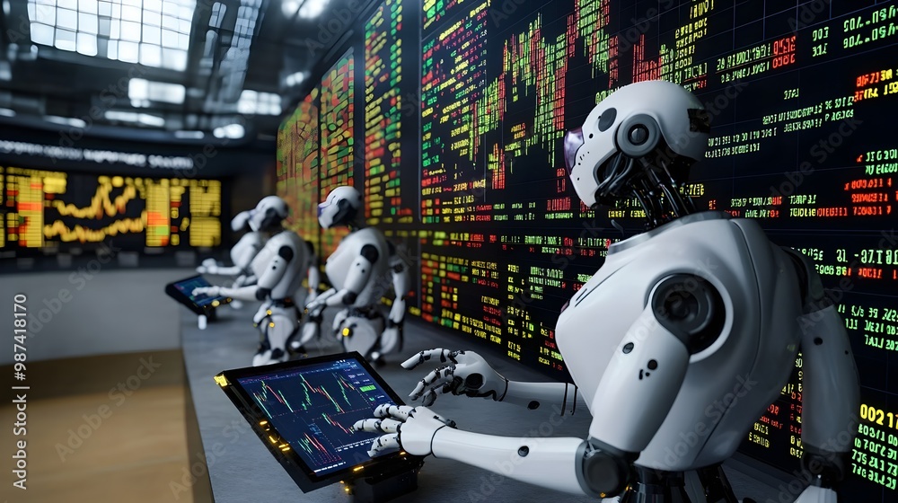Poster holographic trading floor with robots analyzing real time data for advanced financial analytics and 
