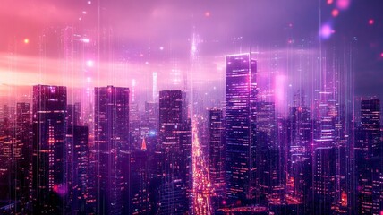 Fototapeta premium Creative glowing purple night city wallpaper with digital data lines all over. Smart city, VR, AI and innovation concept. generative ai