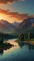 Scenic nature view featuring river and mountains – vector.