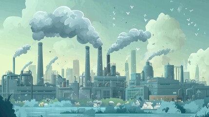 A scene of pollution control measures in place, with air and water filtration systems being deployed to reduce industrial waste