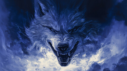 A fierce, snarling wolf with glowing eyes and sharp teeth, surrounded by swirling dark clouds and lightning