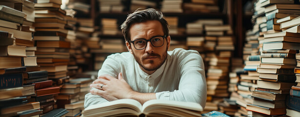 A handsome man with glasses sits before an open book, surrounded by stacks and piles of books. His hands rest crossed atop a page as he gazes directly at the camera.