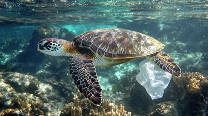 A sea turtle swimming near a plastic bag, highlighting the threat of ocean plastic pollution to marine wildlife and ecosystems