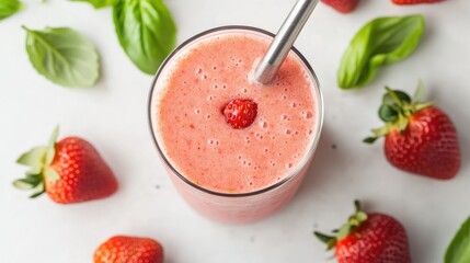 Top view of a pink strawberry smoothie in a tall glass with a metal straw, surrounded by fresh strawberries and basil leaves on a white countertop.