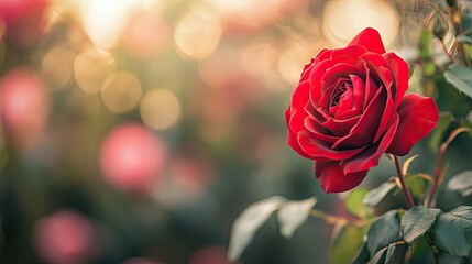 Top view of a red rose with a soft-focus background, leaving plenty of room on one side for copy or promotional information.