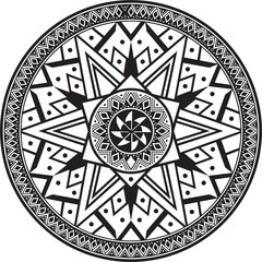 Native American vector round monochrome pattern. Geometric shapes in a circle. National ornament of the peoples of America, Maya, Aztecs, Incas