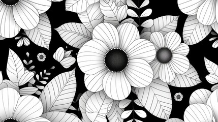 An intricate floral pattern with sharp, clean lines and defined outlines, crafted for black and white coloring. This abstract floral art provides a relaxing and enjoyable coloring experience.