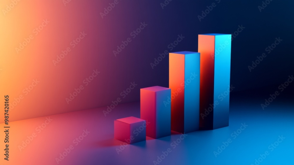 Poster a rising 3d bar chart with a gradient background of blue and orange, symbolizing financial success a