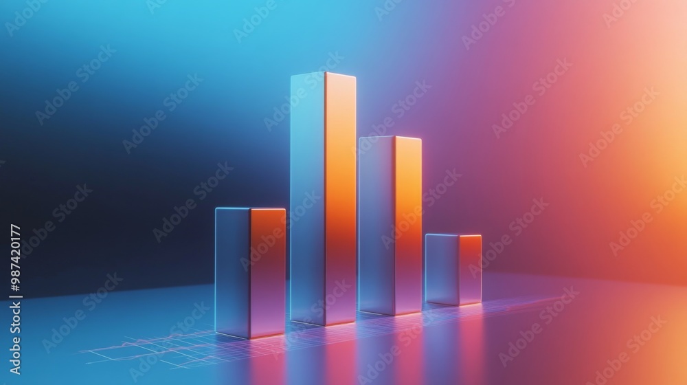 Poster a rising 3d bar chart with a gradient background of blue and orange, symbolizing financial success a