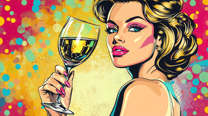 Beautiful woman toast glass wine good luck retro style pop art. Party romantic evening dinner date 