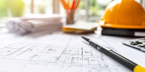Close-up of a construction estimator's desk with project blueprints and cost estimates, showcasing a job in construction estimation  