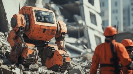 AI robots assisting in earthquake rescue missions, helping emergency crews locate survivors trapped under collapsed structures