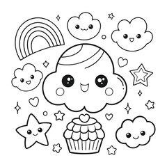 kawaii clouds, rainbow and cupcakes vector illustration, a coloring page for kids and adults