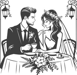 Wedding husband and wife are sitting at the table and drinking coffee silhouette vector design