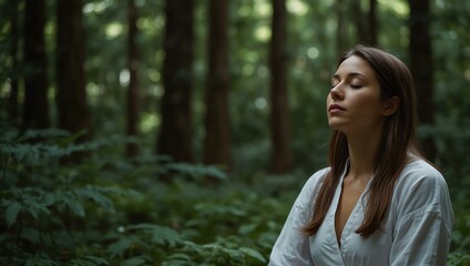 Serene woman meditating in a lush green forest.