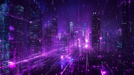 Obraz premium Creative glowing purple night city wallpaper with digital data lines all over. Smart city, VR, AI and innovation concept. generative ai
