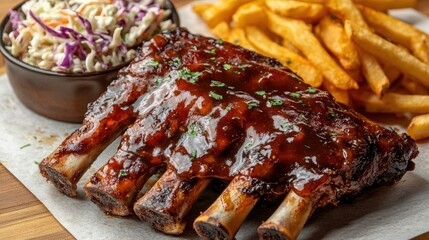 Top view of a serving of roasted pork ribs with a rich glaze, accompanied by a side of creamy coleslaw and crispy French fries.