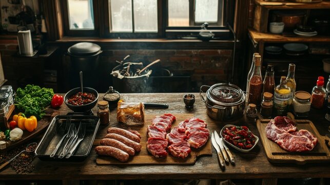 A rustic kitchen countertop with raw meat cuts like steak and sausages alongside spices, marinades, and kitchen tools for meal preparation.