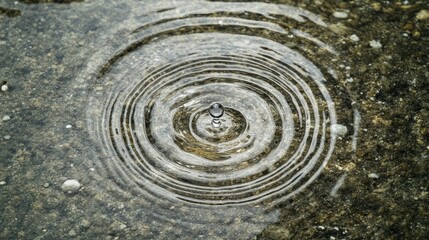 Top view of a single water droplet creating ripples on a flat surface, with ample blank space surrounding it for copy or branding.