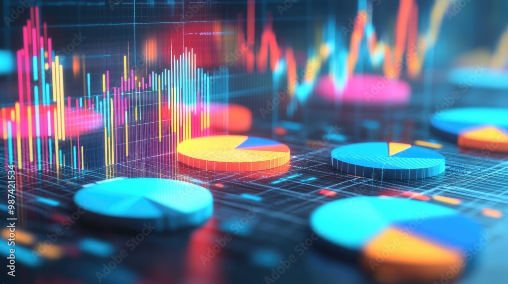 Poster an artistic view of multiple 3d pie charts floating in a virtual space, each chart representing vari