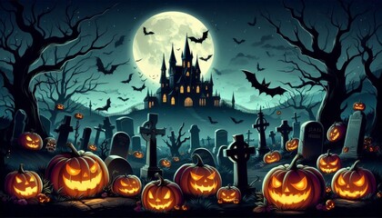 halloween night decorative with bat and moon background. Premium illustration for Halloween celebrations.