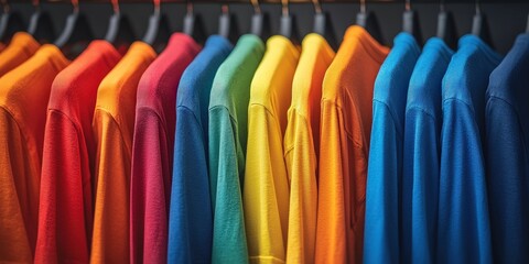 Colorful Shirts Hanging on Rack in Arrangement