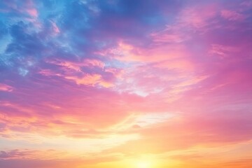 Obraz premium Real majestic sunrise sundown sky background with gentle colorful clouds without birds. Panoramic, generative ai