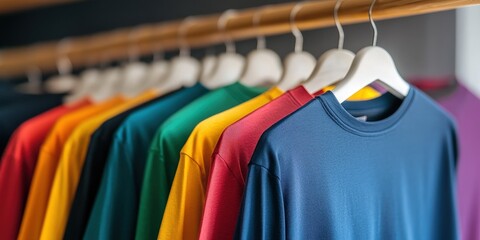 Obraz premium Colorful Shirts Hanging on White Hangers