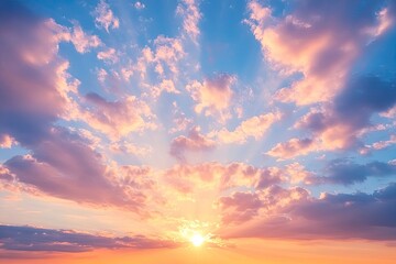 Fototapeta premium Real majestic sunrise sundown sky background with gentle colorful clouds without birds. Panoramic, generative ai