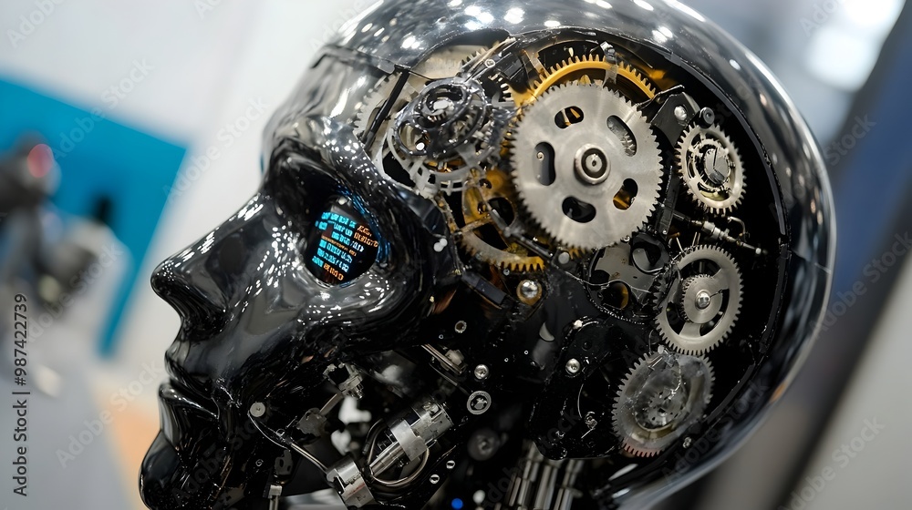 Poster mechanical gears and components turning inside a futuristic robotic head processing real time data f