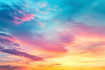 Obraz premium Real majestic sunrise sundown sky background with gentle colorful clouds without birds. Panoramic, generative ai