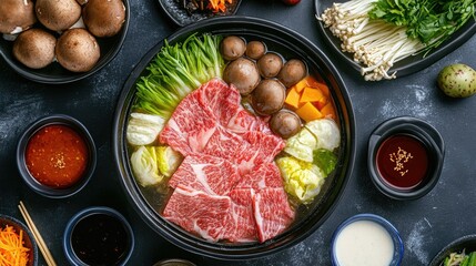 Top view of a traditional Shabu-Shabu hot pot with thinly sliced beef, vegetables, and mushrooms, surrounded by dipping sauces.
