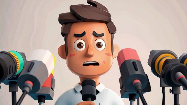 A candidate is shown in a 3D cartoon animation conducting an interview with the surrounding press microphones and cameras.