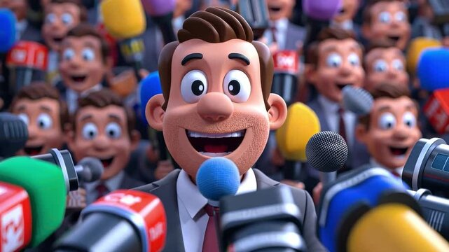 A candidate is shown in a 3D cartoon animation conducting an interview with the surrounding press microphones and cameras.